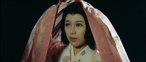 A pretty young Japanese woman in feudal costume, with a pink veil framing her head, looks at someone just off camera 